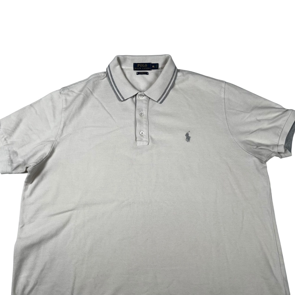 Polo Ralph Lauren Mens XL Custom Fit Polo Shirt Beige Grey Pony Tipped Collar